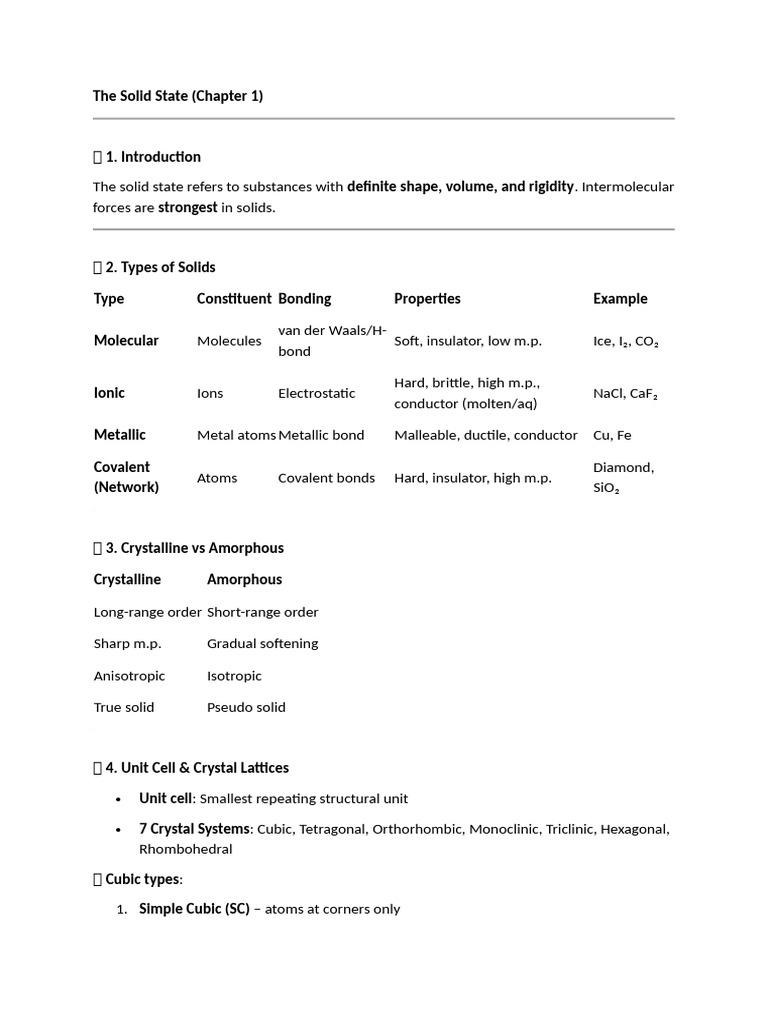 Solid State Short Notes 12th | PDF | Crystal | Crystal Structure