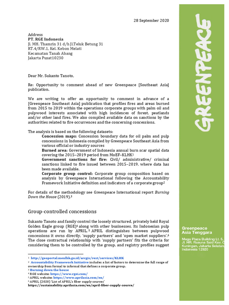 Greenpeace Letter 28sep2020 | PDF | Resource Extraction | Forestry