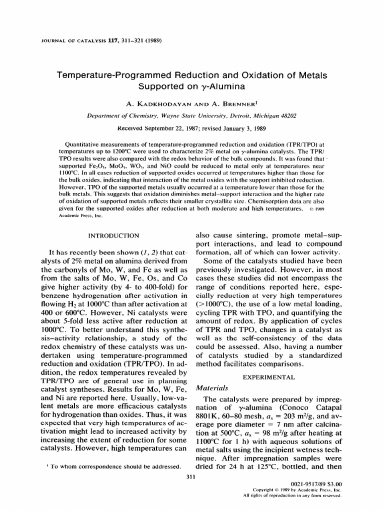 TPR/TPO Analysis of Metal Catalysts on Alumina | PDF | Redox | Catalysis