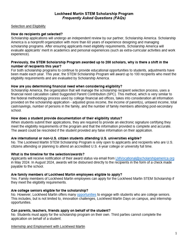 Lockheed Martin STEM Scholarship 2025 FAQs | PDF | Internship | Job Hunting