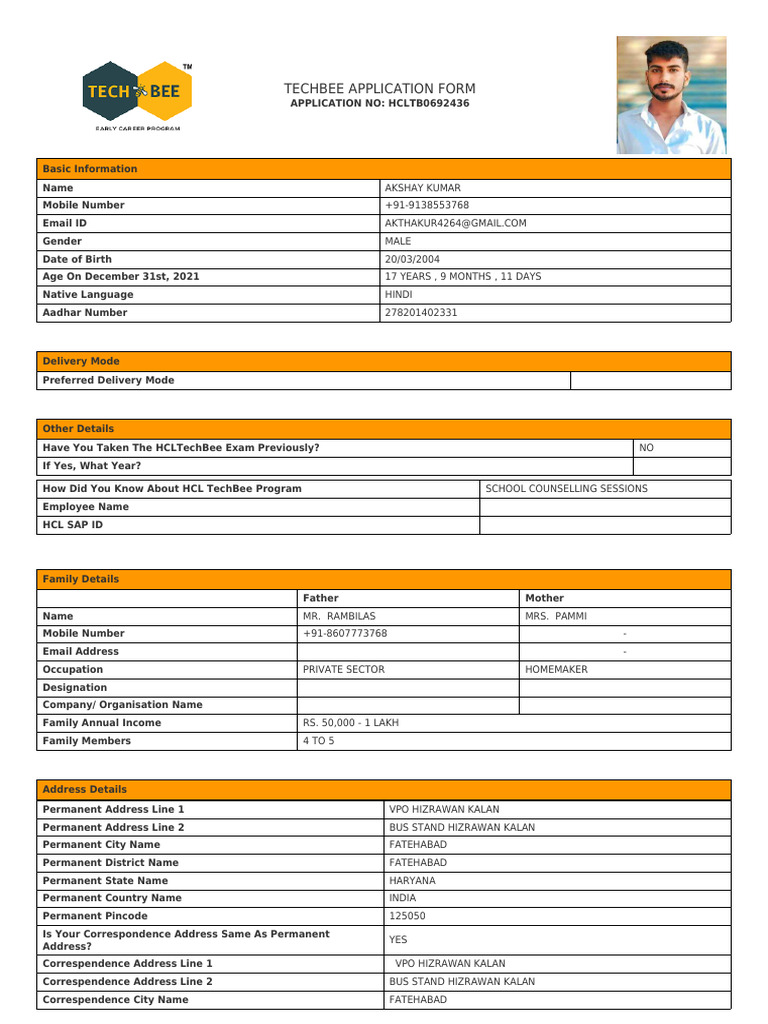 Application Form HCLTB0692436 | PDF