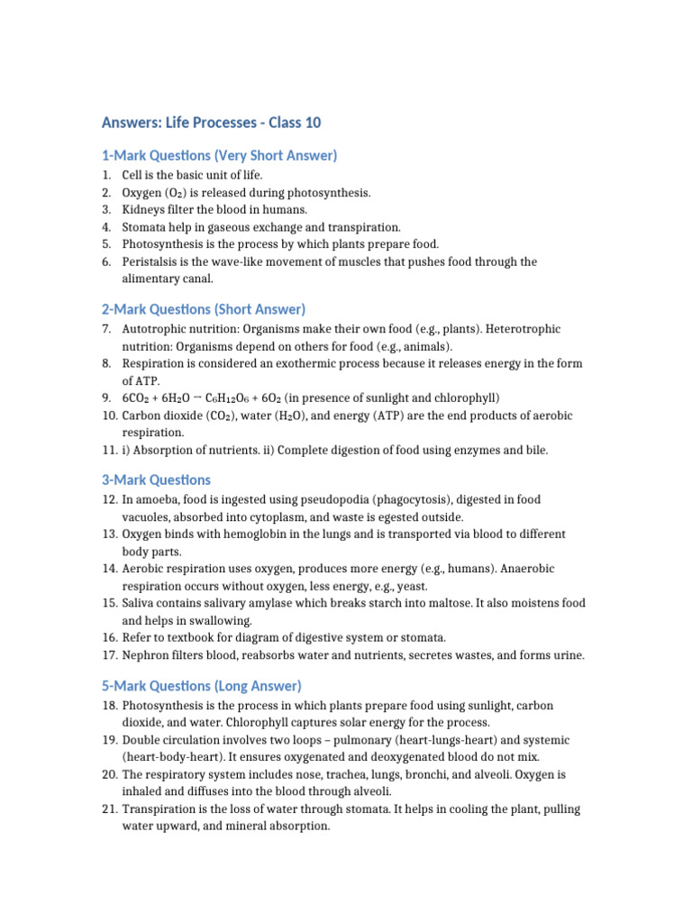 Class 10 Life Processes Q&A Guide | PDF | Respiratory System | Lung