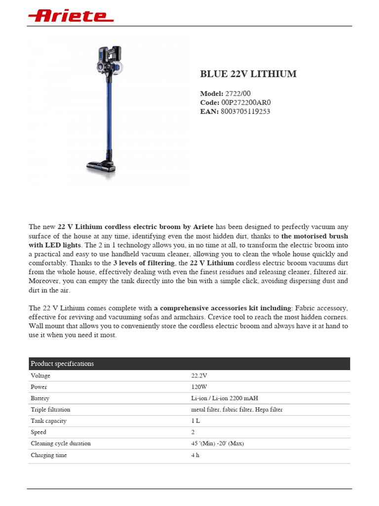Ariete 22V Lithium Stick Vacuum Features | PDF | Vacuum Cleaner ...