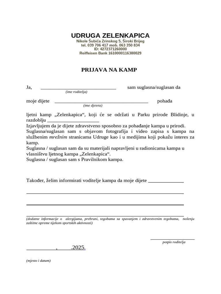 Prijava Na Kamp (Izjava) | PDF