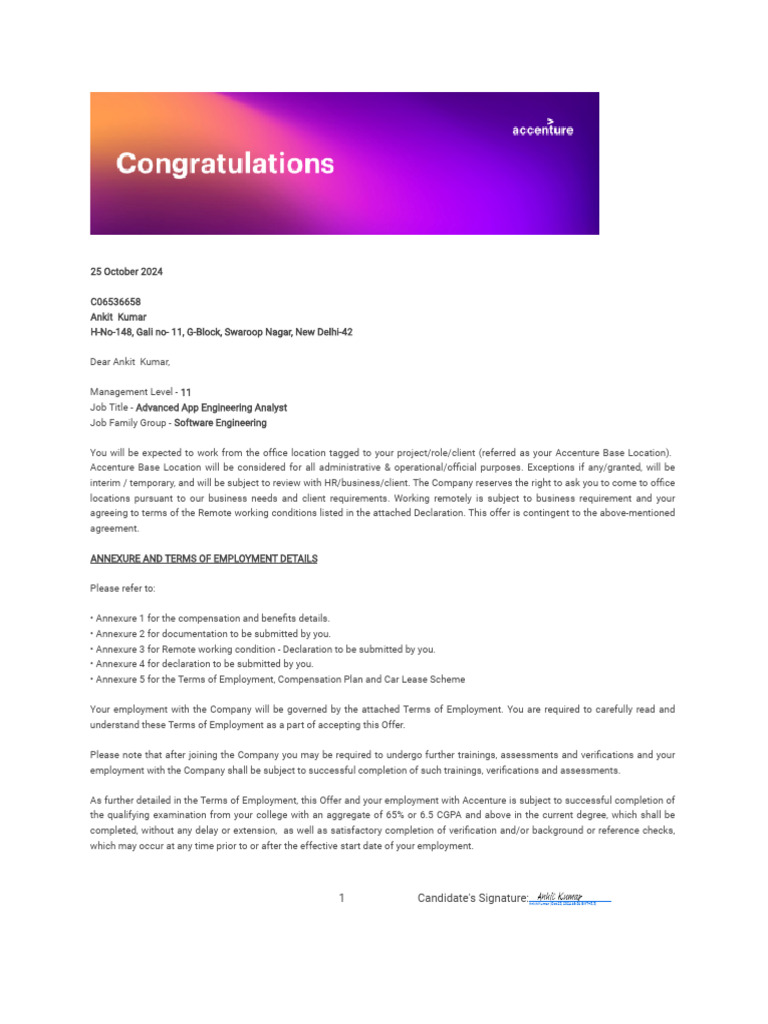 Accenture Employment Offer Details | PDF | Insurance | Payroll