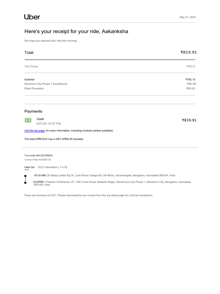 Here's Your Receipt For Your Ride, Aakanksha: Total | PDF