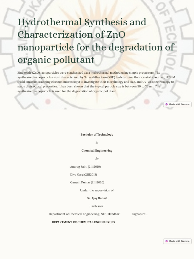 Hydrothermal Synthesis and Characterization of ZnO Nanoparticle For The ...