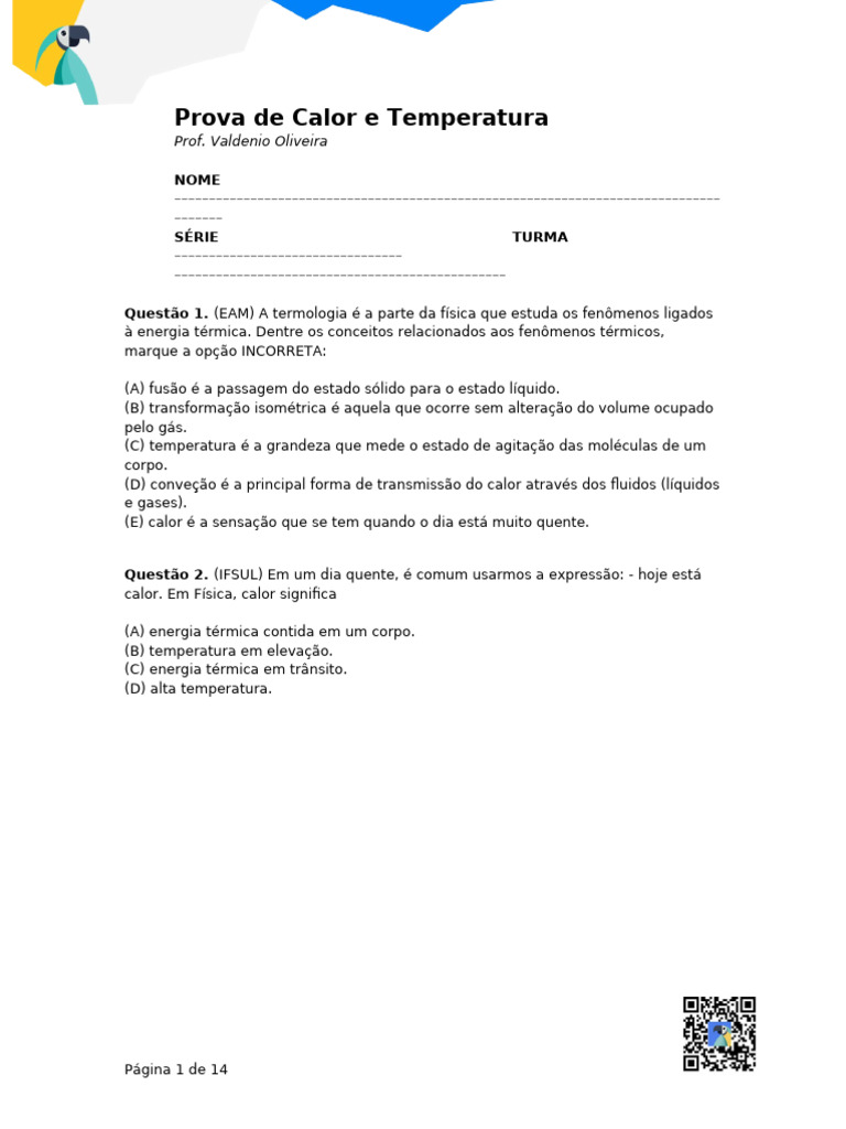 Atividades de Calorimetria em Termologia | PDF | Calor | Temperatura