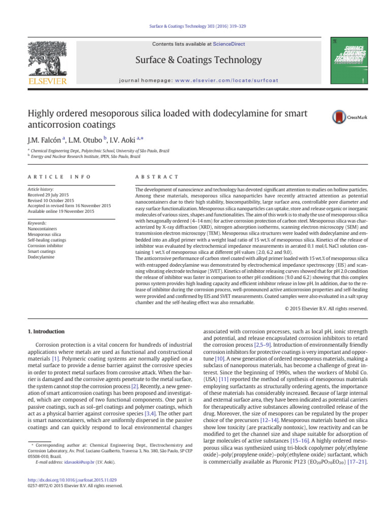 Smart Anticorrosion Coatings with Mesoporous Silica | PDF | Adsorption ...