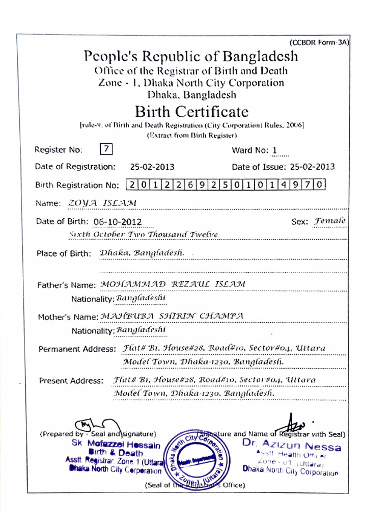 Zoya's Birth Certificate | PDF