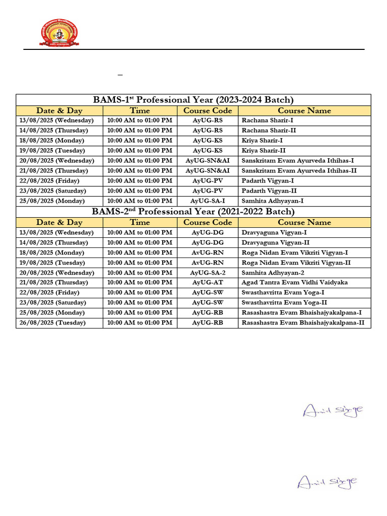BAMS 2nd Year Exam Schedule 2025 | PDF