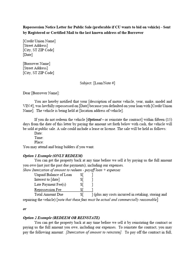 Repossession Notice for Vehicle Sale | PDF | Repossession | Loans
