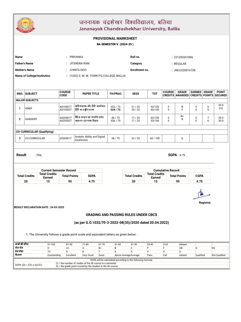BA Semester V Provisional Marksheet | PDF