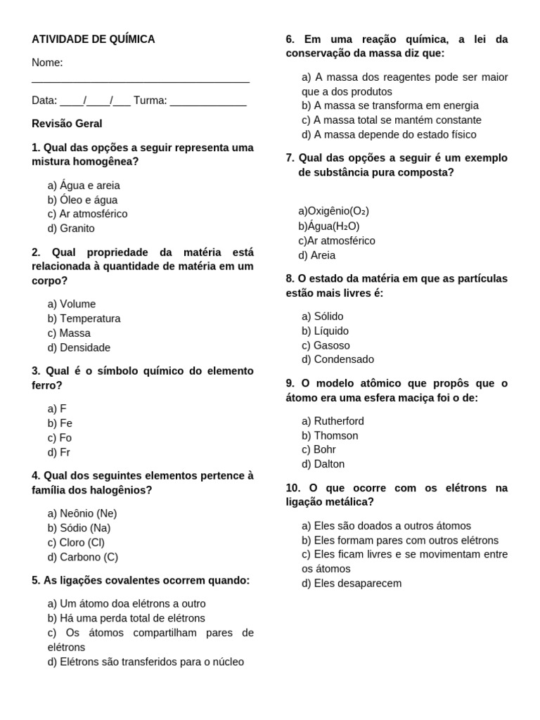 Atividade Quimica 1EM Parte2 | PDF | Química | Elétron