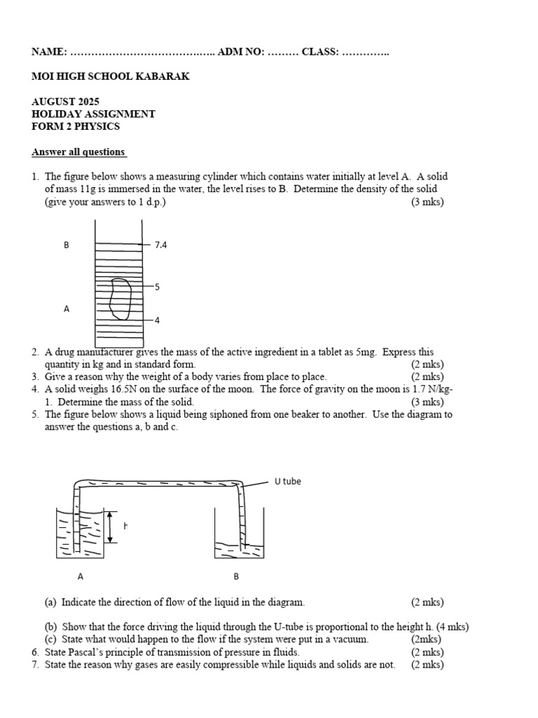 Form 2 Physics Holiday Assignment 2025 | PDF | Liquids | Gases