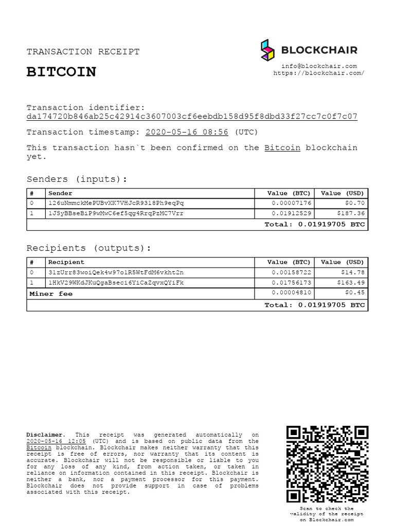 Bitcoin: Transaction Receipt | PDF