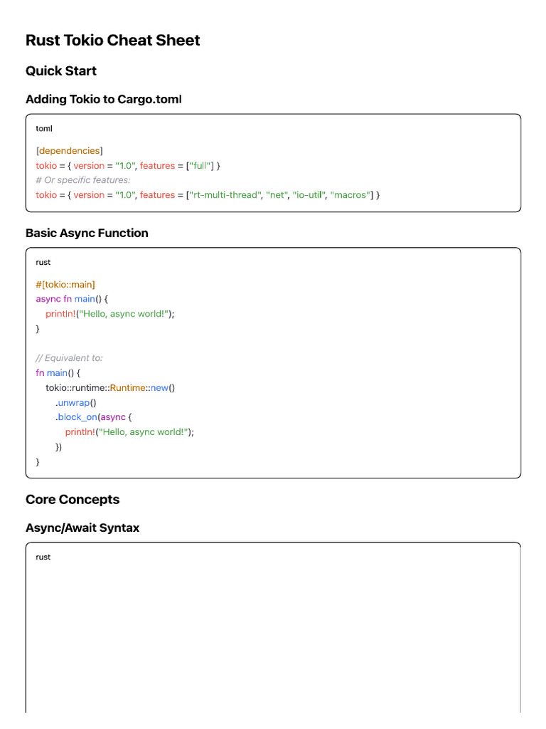 Rust Tokio Cheat Sheet | PDF