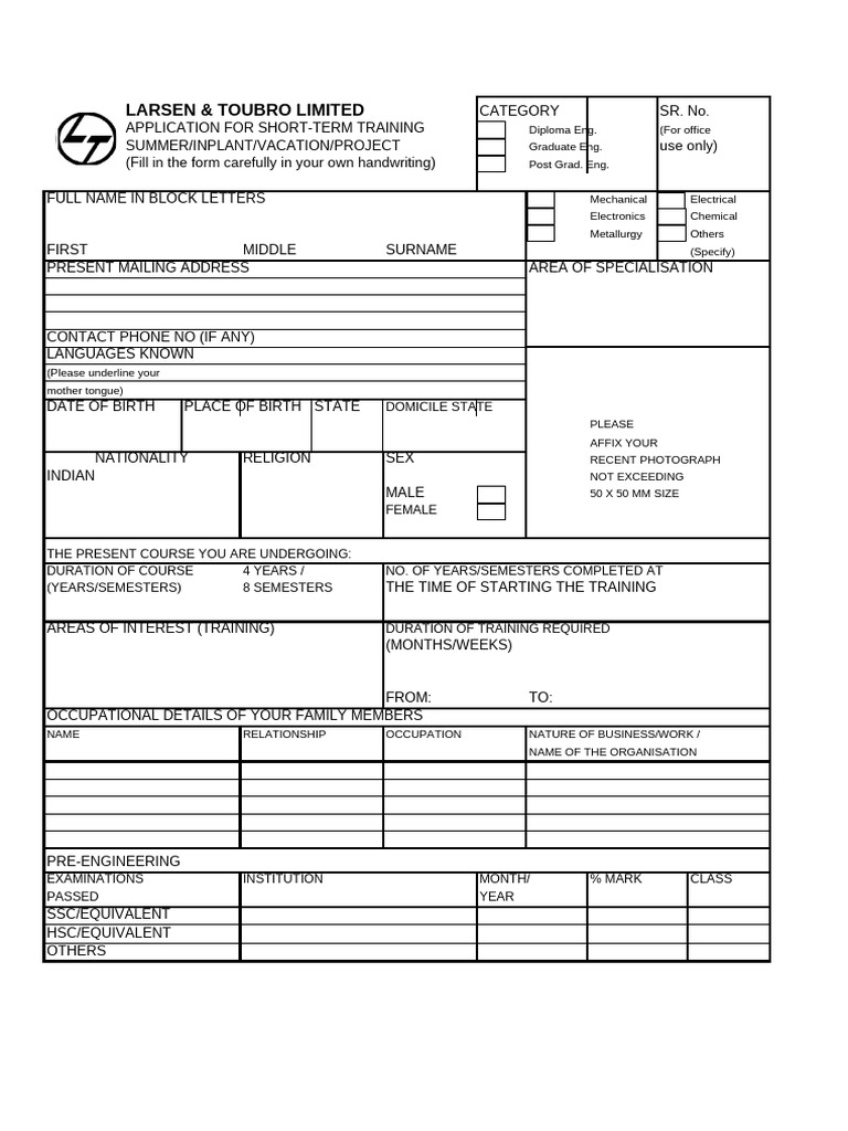L&T Short-Term Training Application Form | PDF