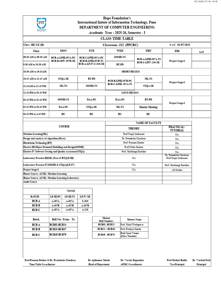 BE Computer Engineering Class Timetable | PDF | Applied Mathematics ...