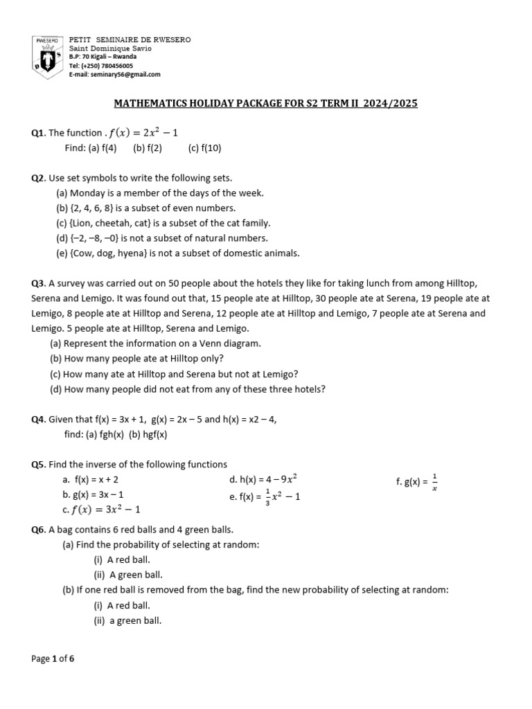 S2 Mathematics Holiday Package 2025 | PDF | Cartesian Coordinate System ...