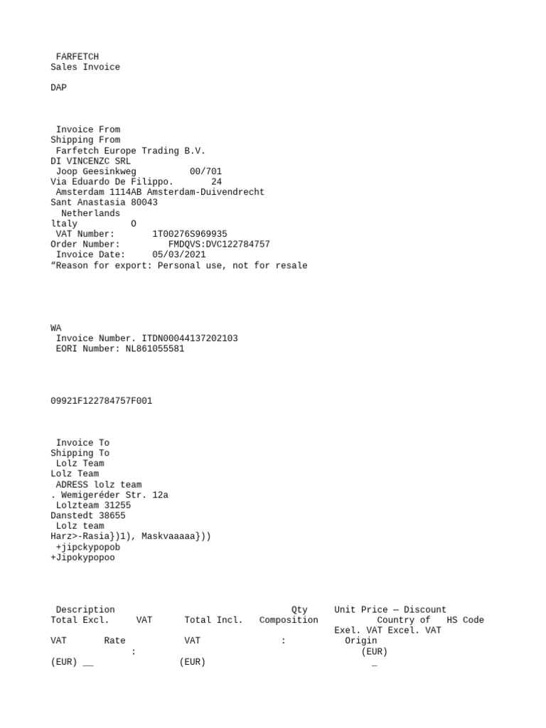 FARFETCH Sales Invoice DAP Details | PDF