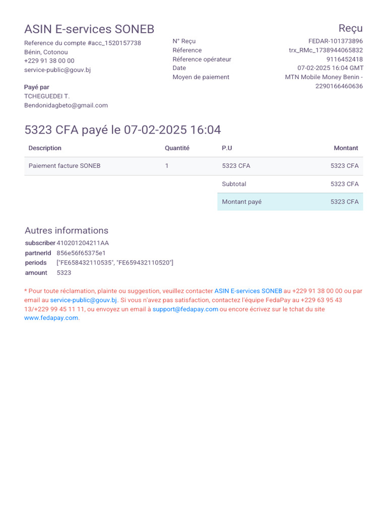 Reçu de paiement SONEB - 5323 CFA | PDF
