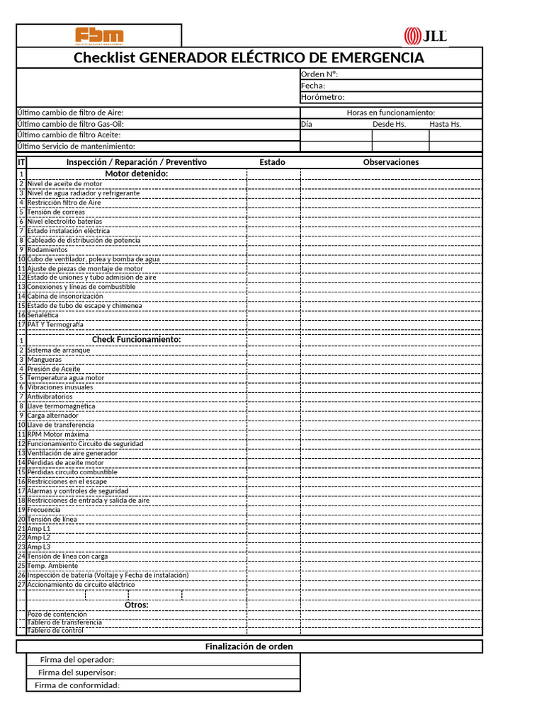 Checklist Generador Emergencia | PDF