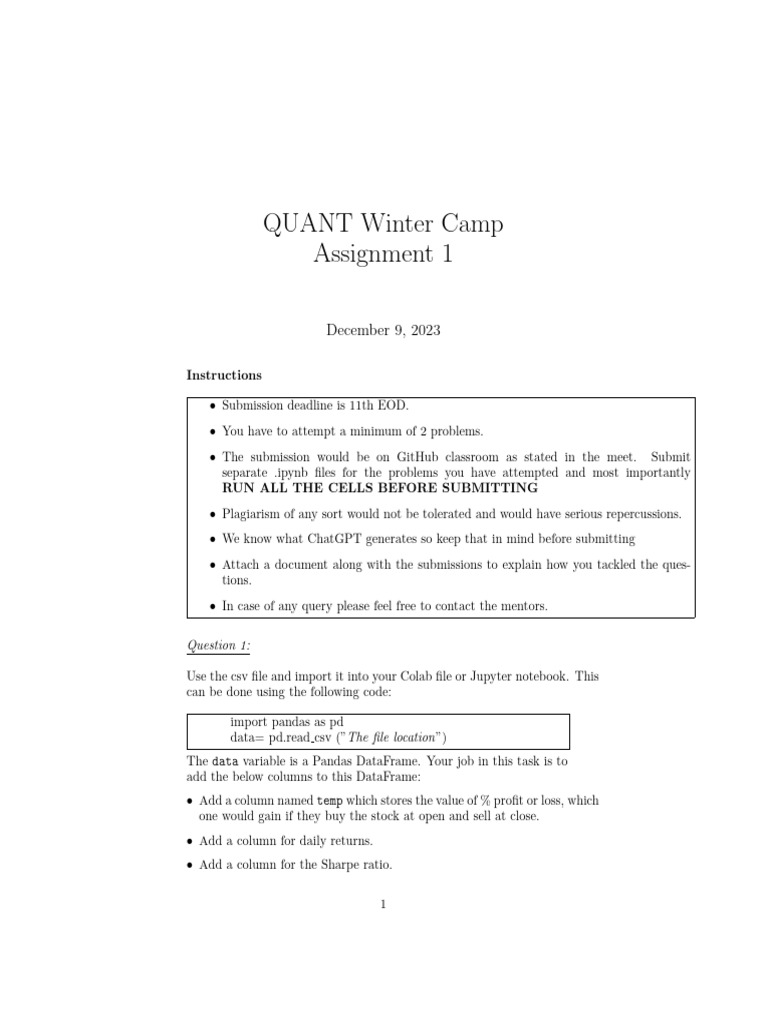 QUANT Winter Camp Assignment 1 Guide | PDF | Computer Science ...
