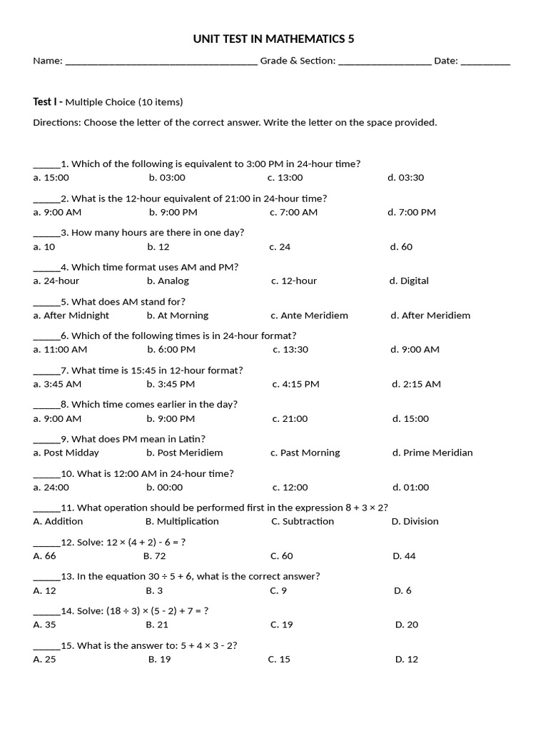 Mathematics Unit Test for Grade 5 | PDF