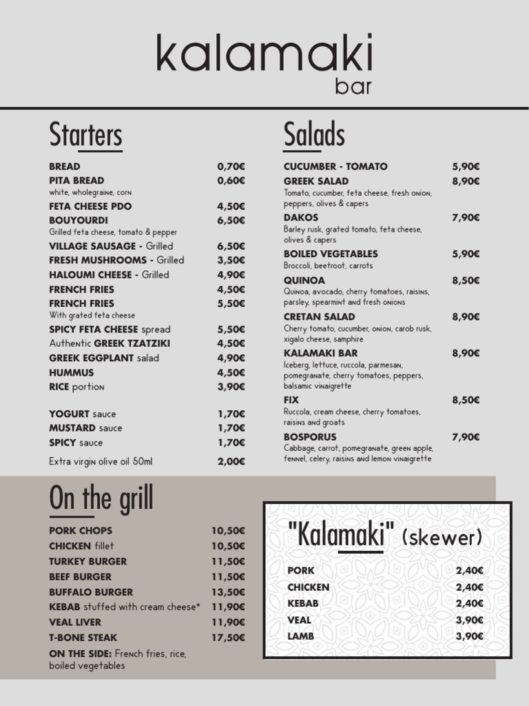 Kalamaki Bar Menu Overview | PDF | Hamburgers | Salad