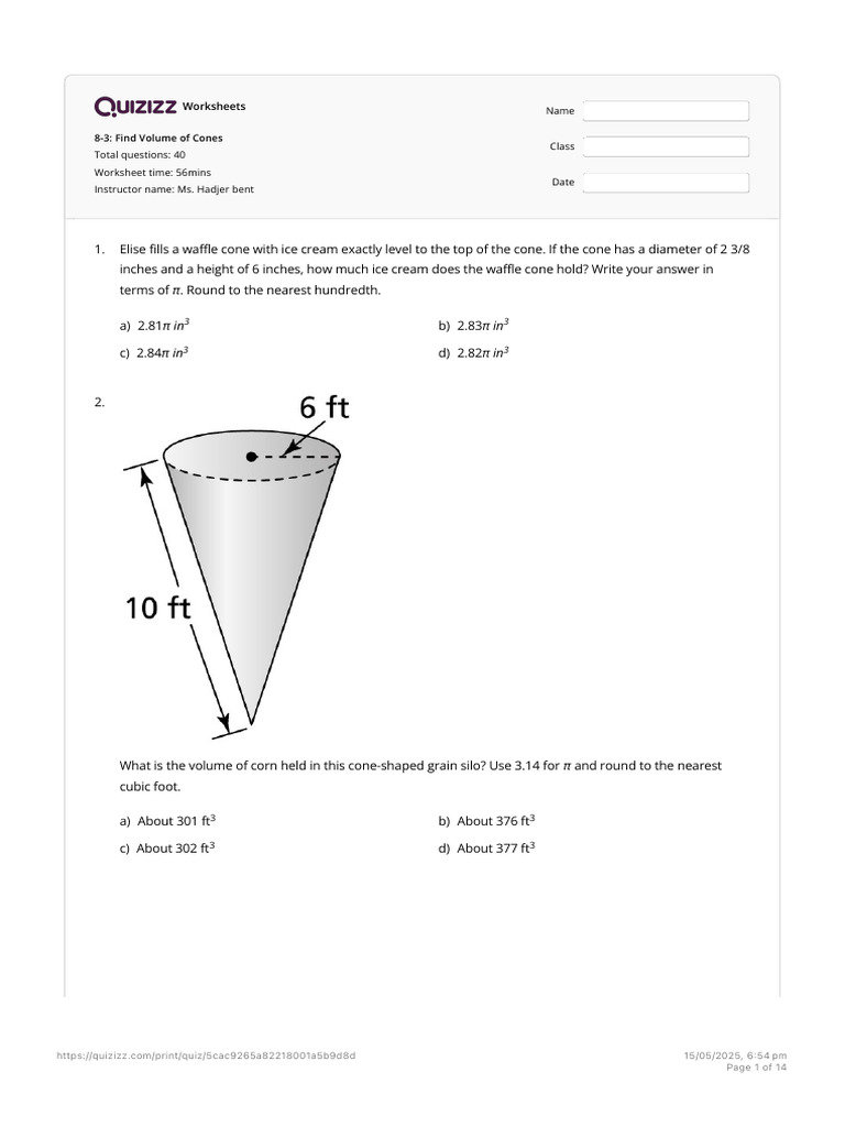 Volume Calculations for Cones Worksheet | PDF | Volume | Sphere