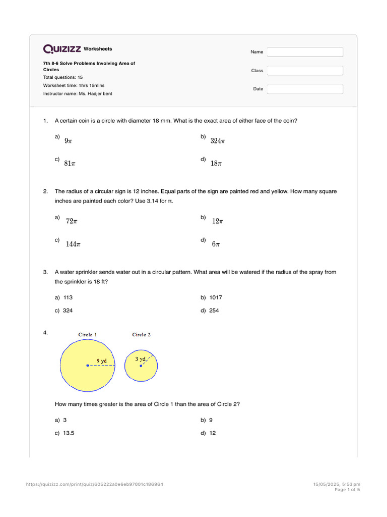Area Problems for Circle K | PDF | Area | Circle