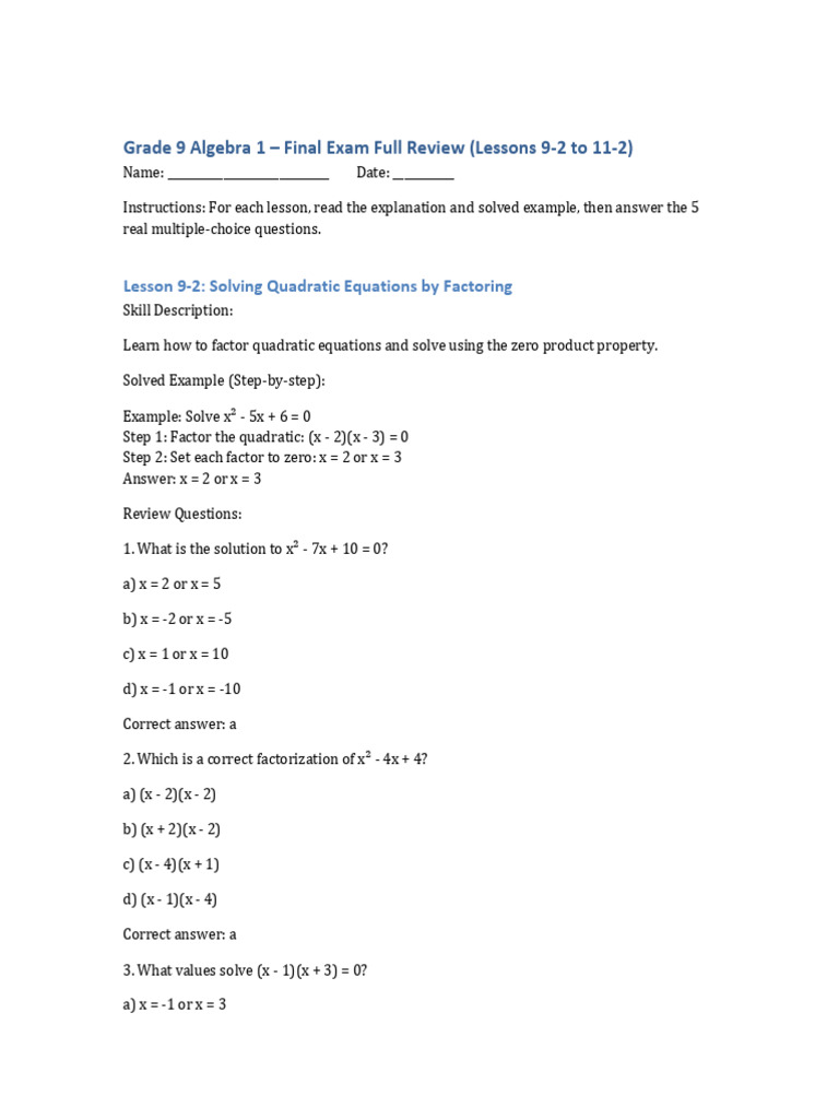 Grade 9 Algebra 1 Final Exam Review | PDF | Quadratic Equation ...