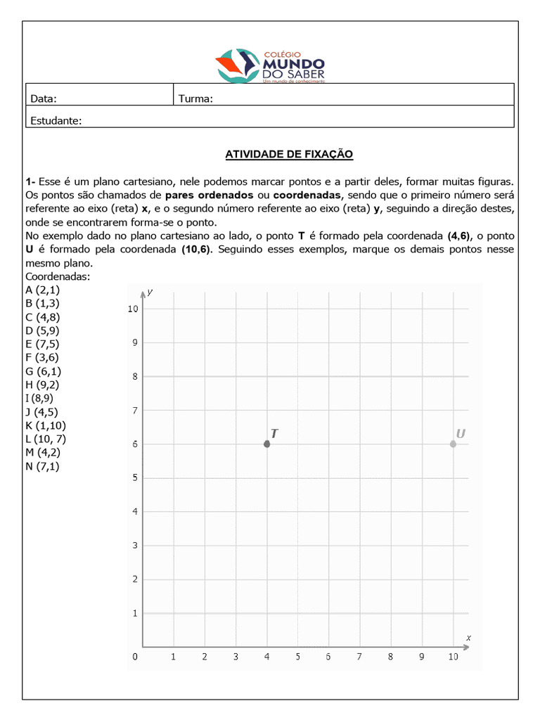 Atividades de Fixação: Plano Cartesiano 7º Ano | PDF