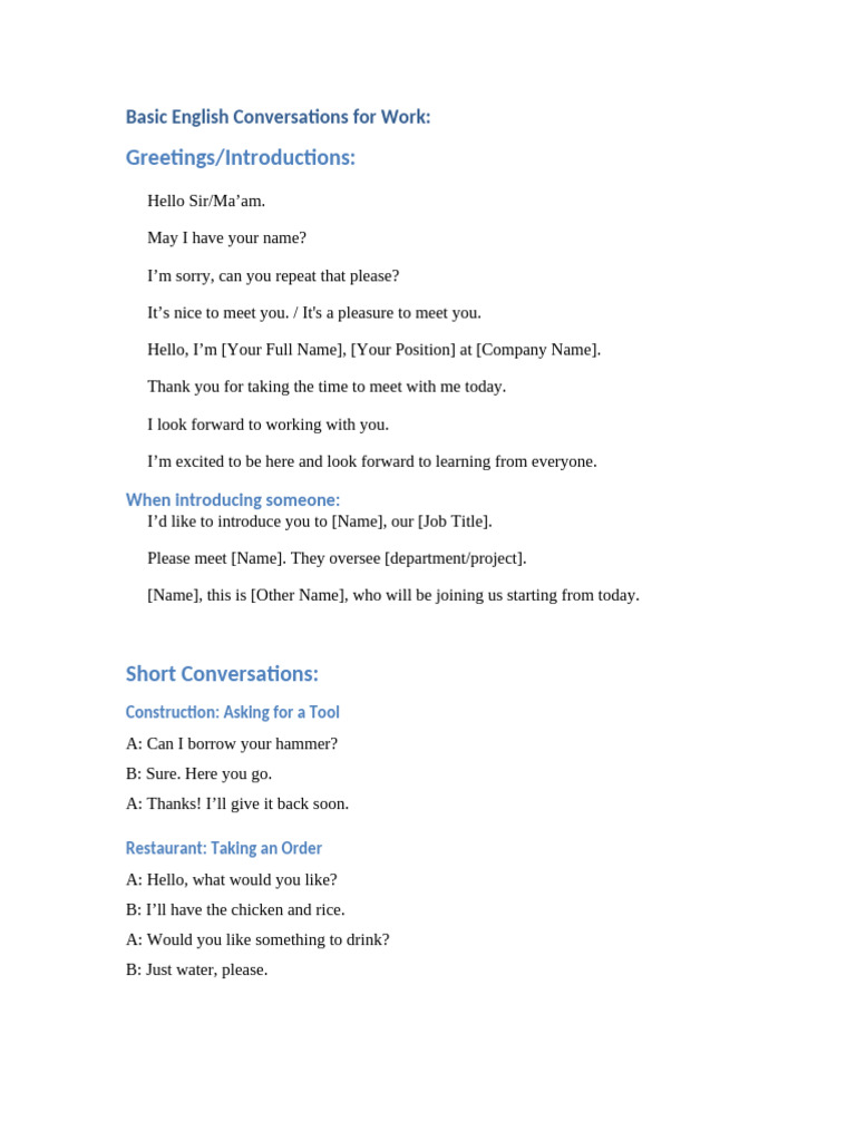 Basic English Work Conversations Guide | PDF