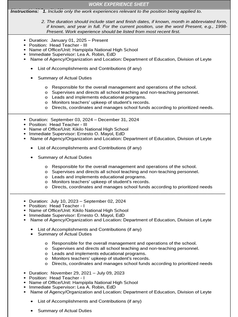 Work Experience Sheet for Educators | PDF | Business