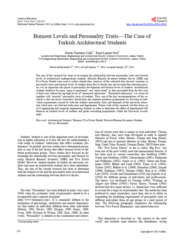 Burnout Levels and Personality Traits-The Case of | PDF | Occupational ...