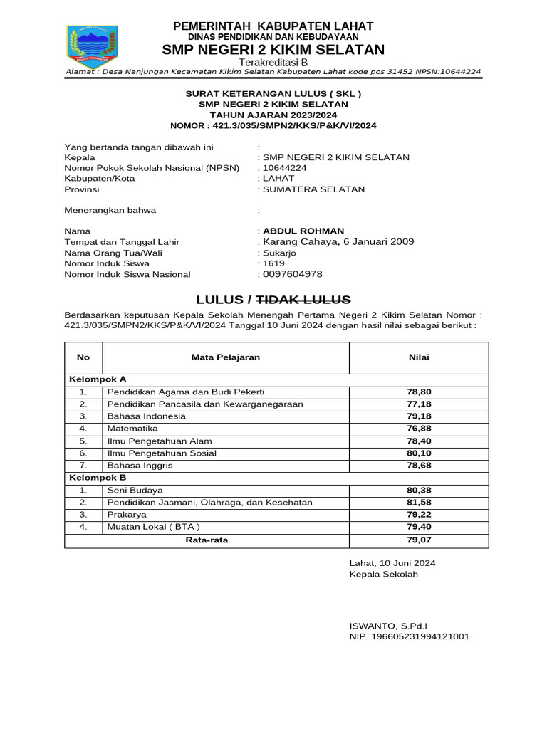 Surat Keterangan Lulus SMP 2024 | PDF