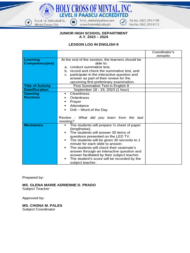 English 8 First Summative Test Plan | PDF