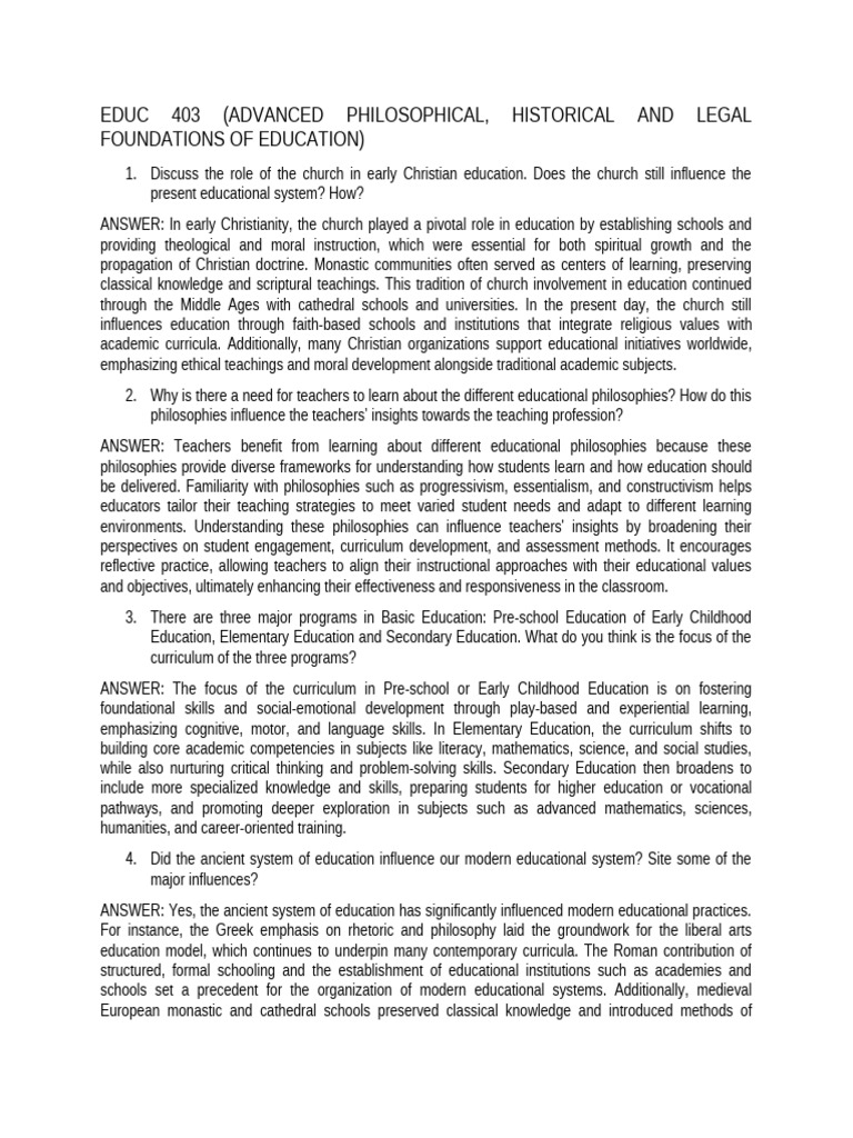 EDUC 403 (ADVANCED PHILOSOPHICAL, HISTORICAL AND LEGAL FOUNDATIONS OF ...