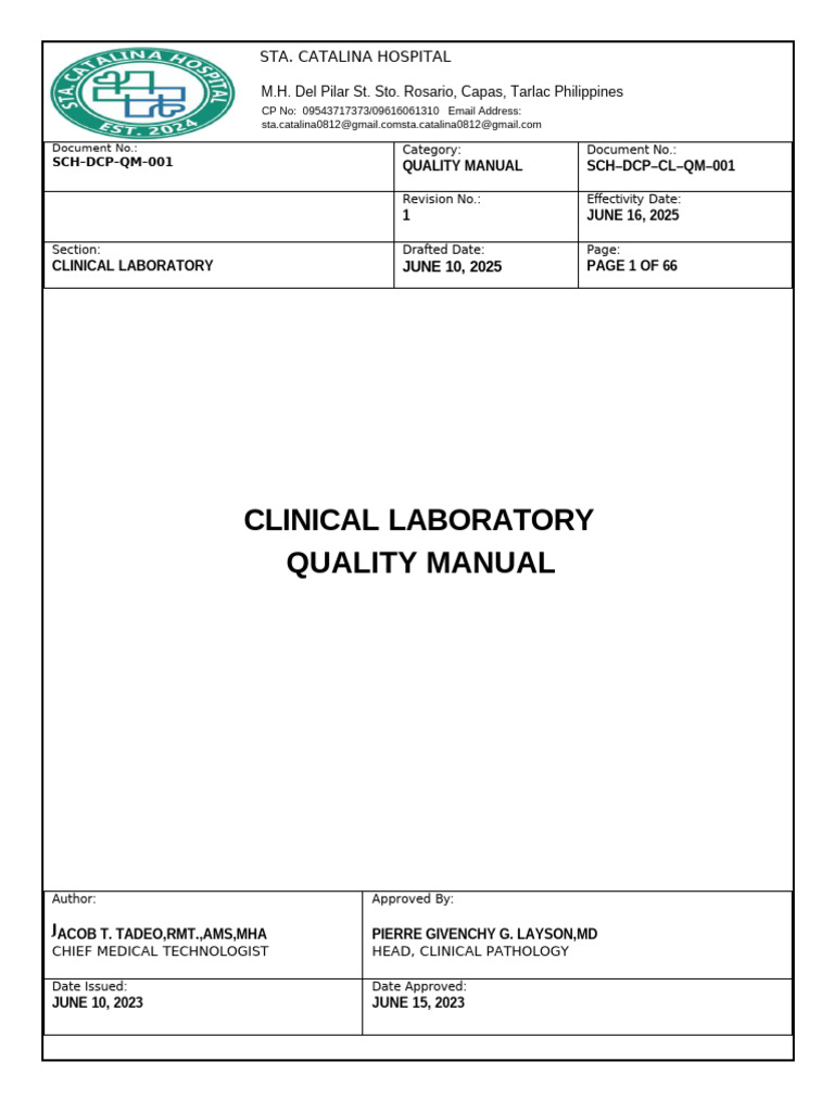 Sta. Catalina Hospital Lab Quality Manual | PDF | Medical Laboratory ...