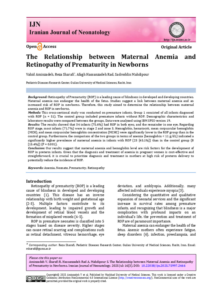 Maternal Anemia and Newborn ROP Risk | PDF | Anemia | Preterm Birth