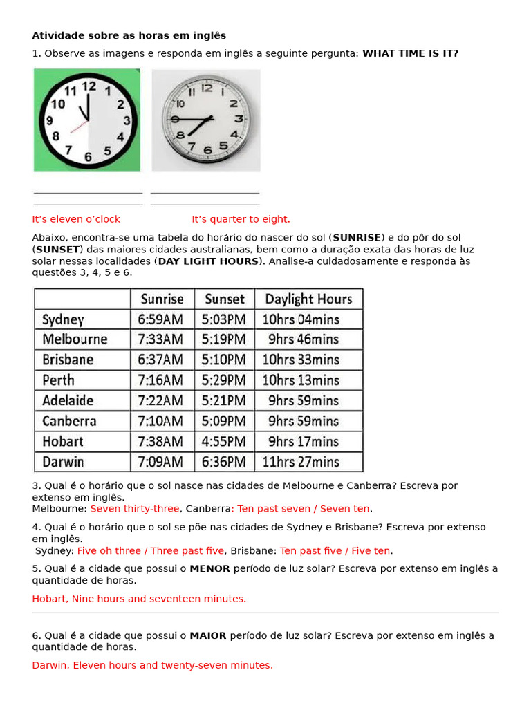 Atividade de Horas em Inglês | PDF
