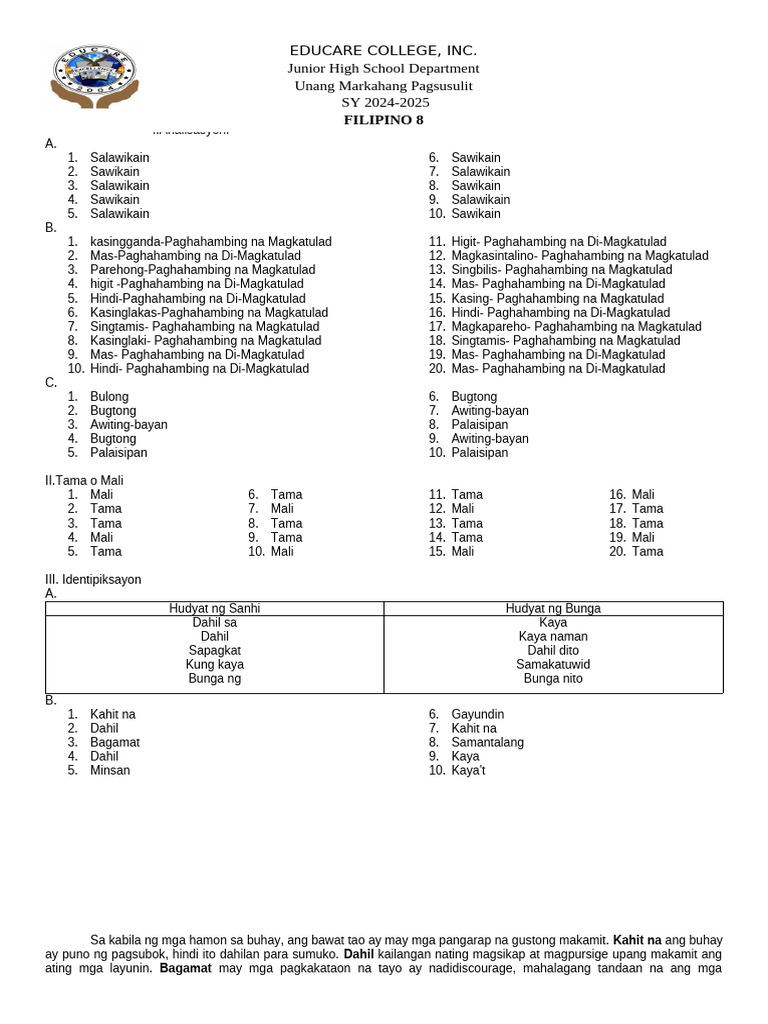 Key Answer Grade 8 | PDF