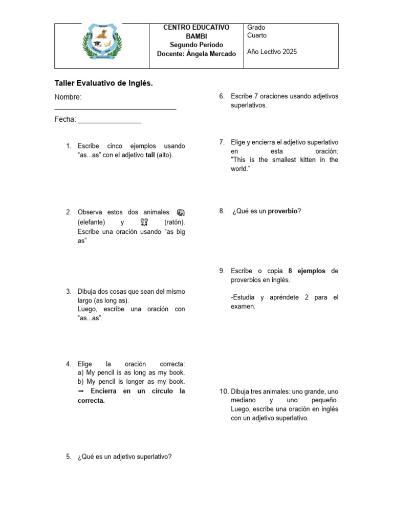 Taller de Inglés para Cuarto Grado | PDF