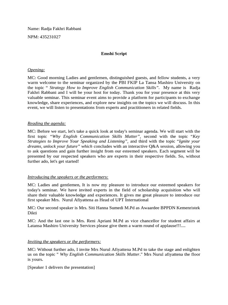 MC Script (Radja Fakhri Rabbani) | PDF | Cognition | Learning