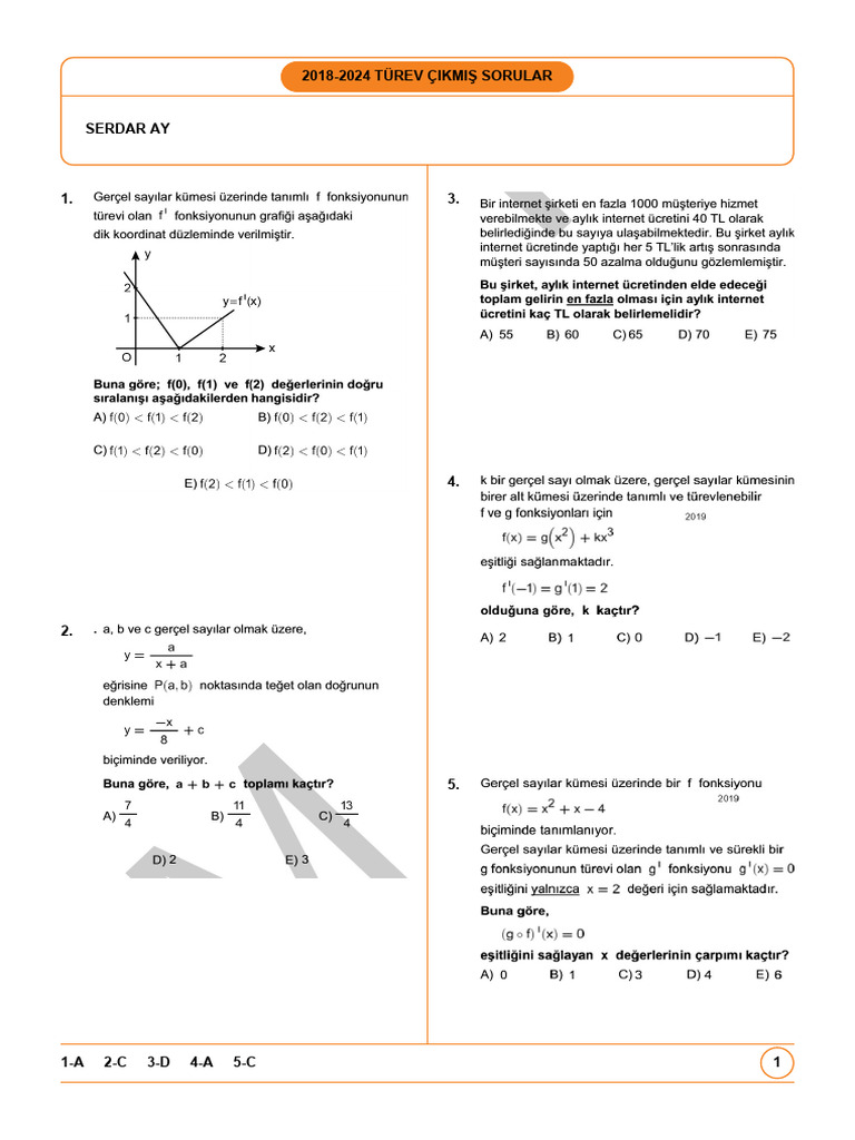 2018-2024 Türev Çikmiş Sorular | PDF