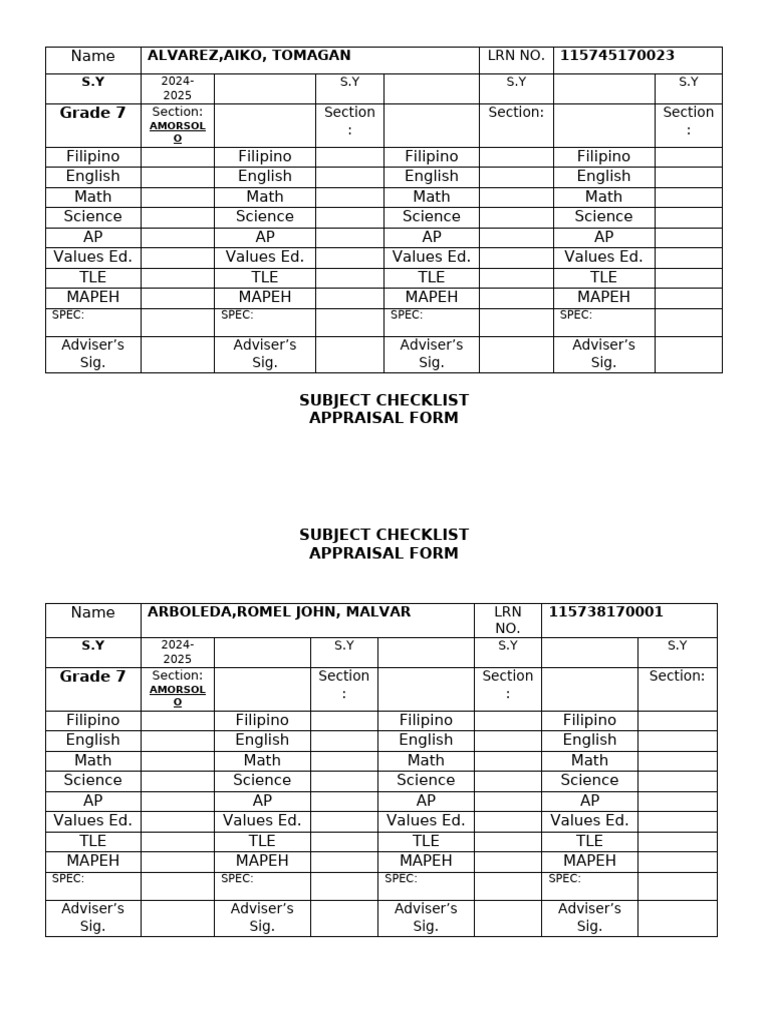 Grade 7 Subject Checklist 2024-2025 | PDF | Republicanism | Philippines