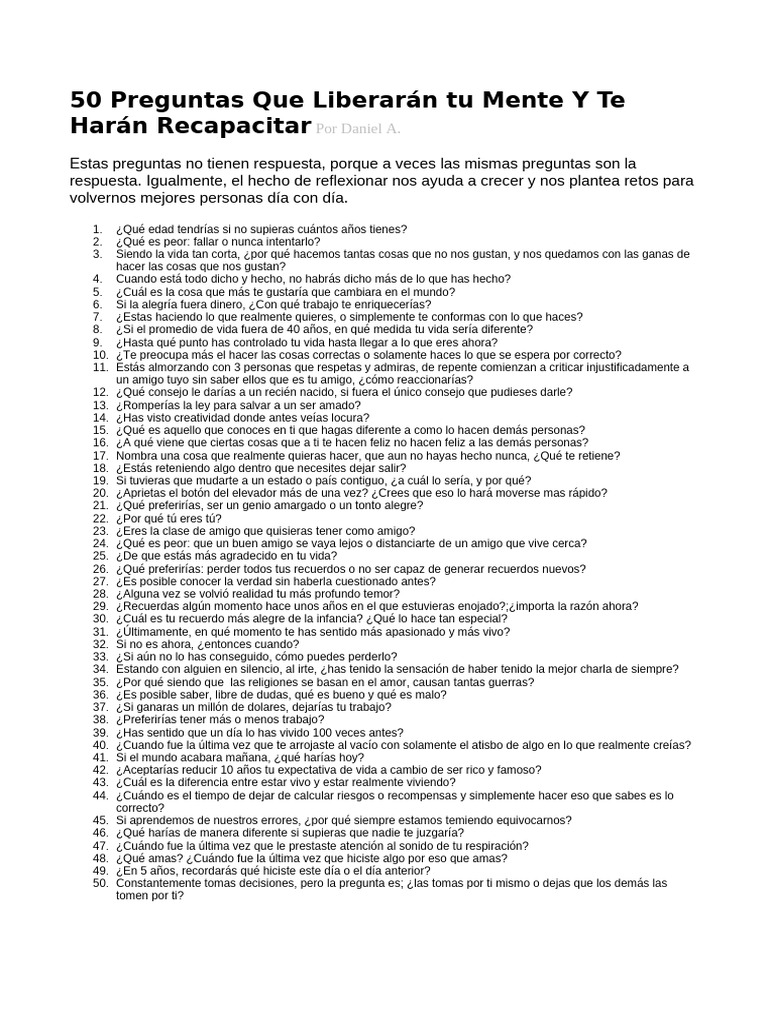 50 Preguntas Que Liberarán Tu Mente Y Te Harán Recapacitar Por | PDF