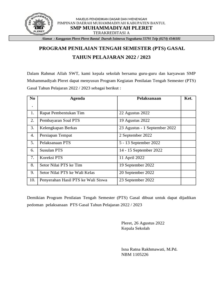 Program PTS Gasal SMP Muhammadiyah Pleret | PDF